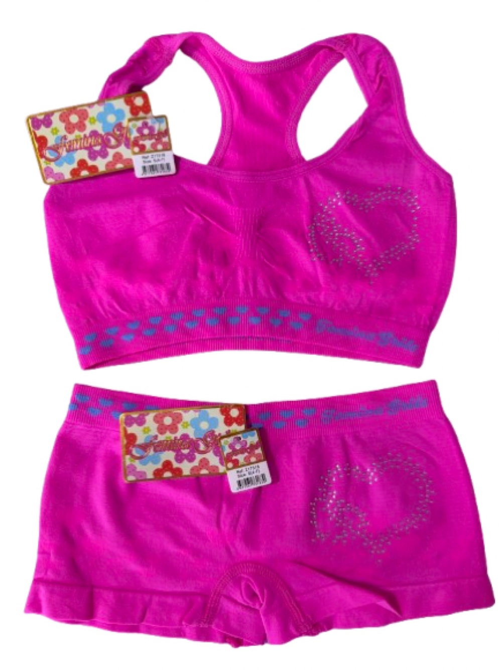 Femina Girls Bright Pink Seamless Heart-Rhineatone Accent Undergarment Set S 4-7